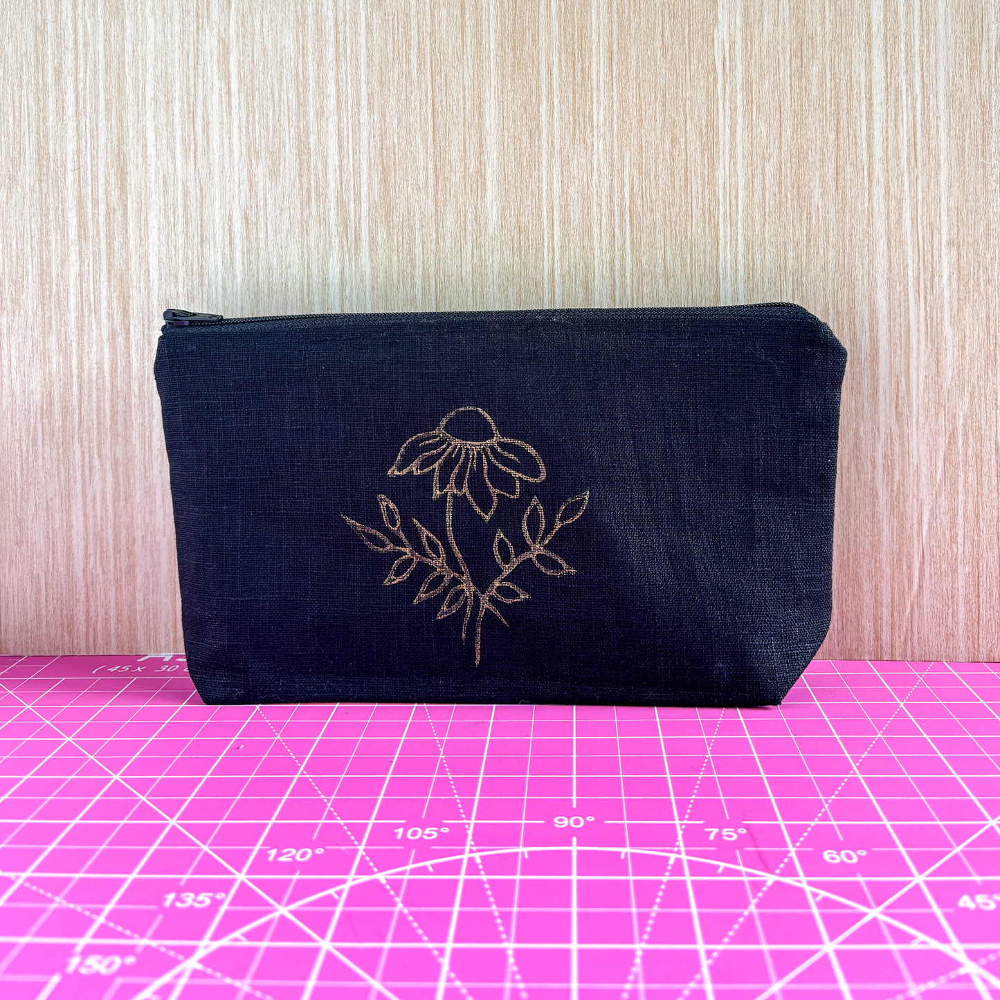 Stamped Linen Makeup Pouch - Large Black