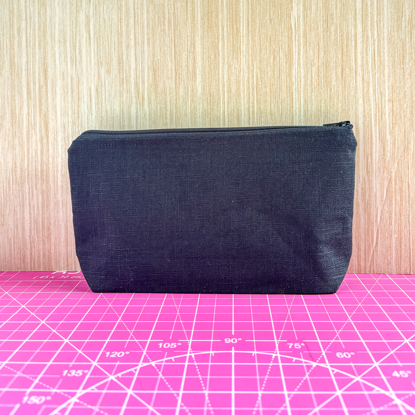Stamped Linen Makeup Pouch - Large Black