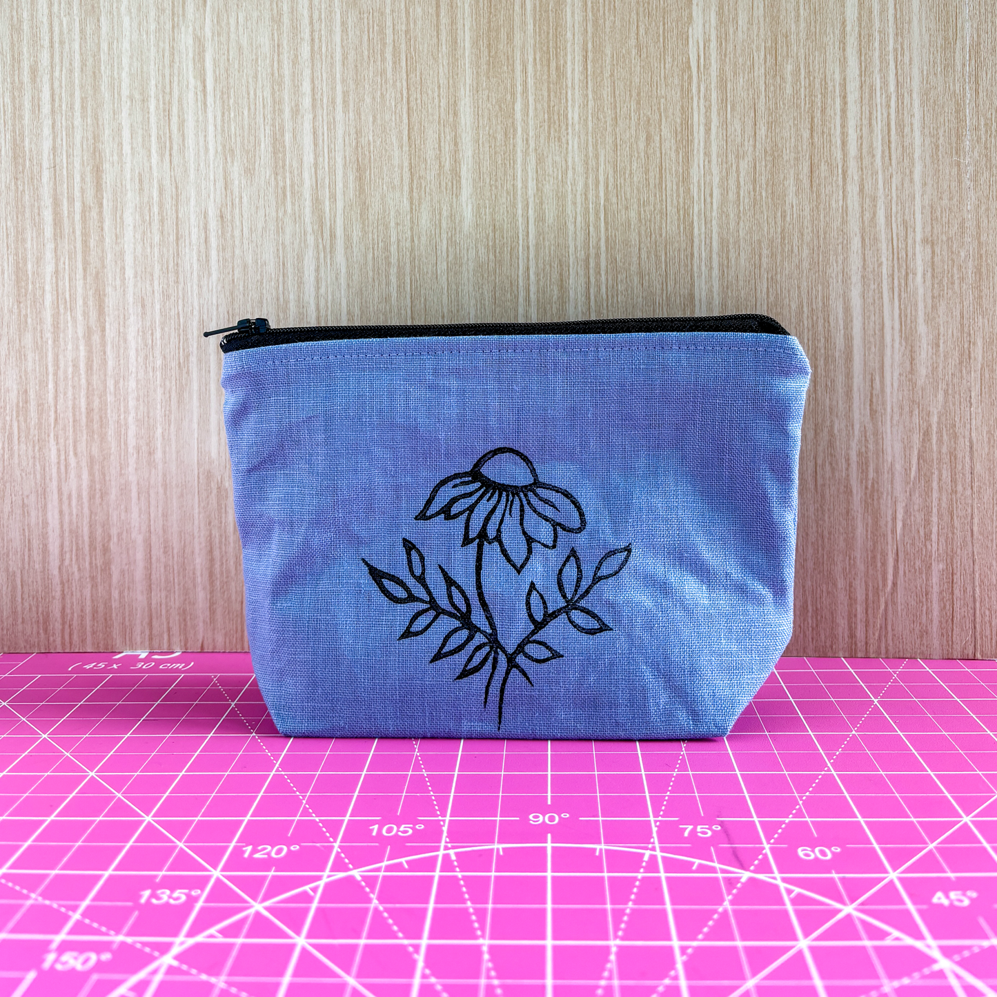 Stamped Linen Makeup Pouch - Small Flax Flower