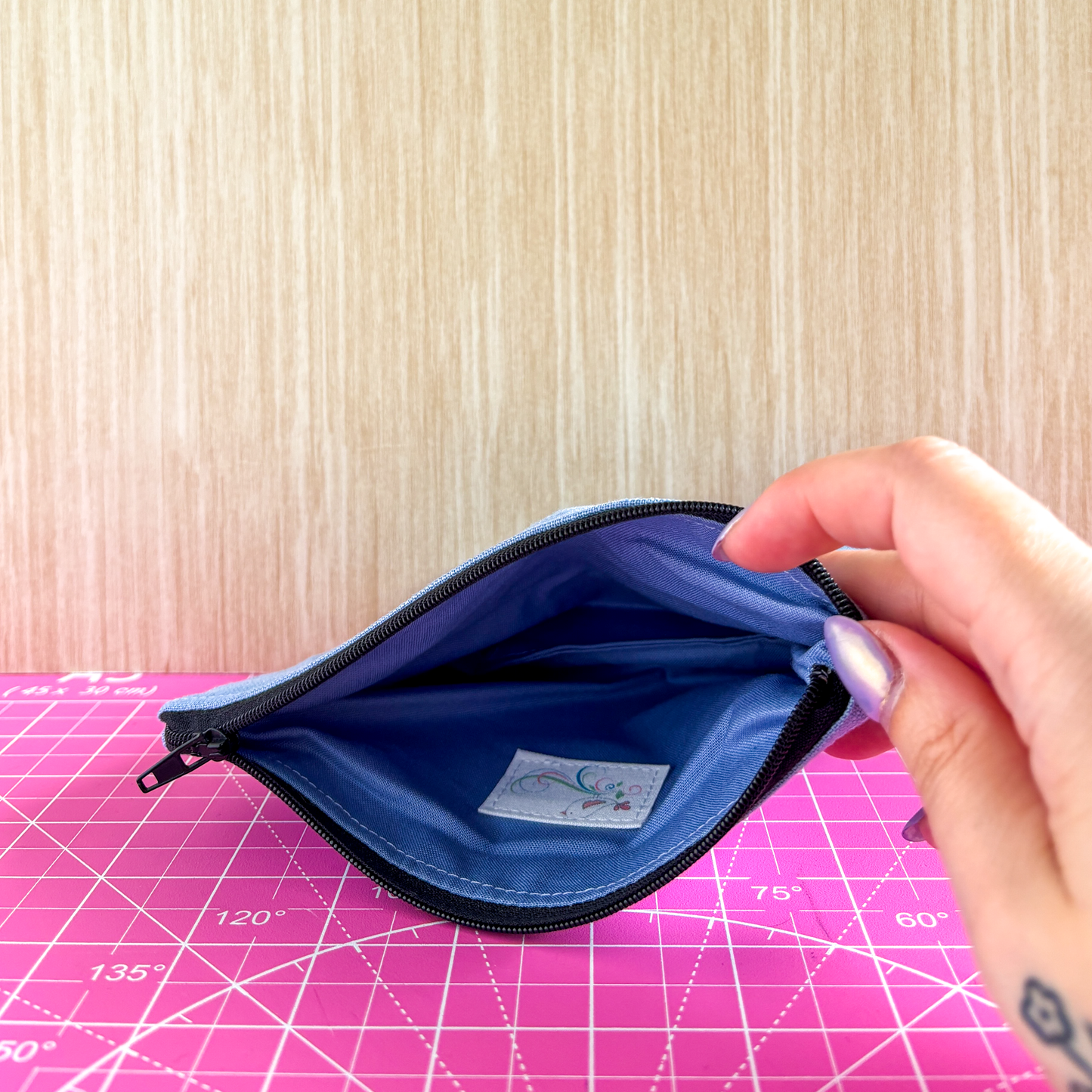 Stamped Linen Makeup Pouch - Small Flax Flower