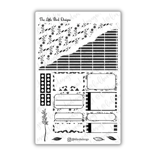 Black and White Floral Line Art – Passion Planner Daily – Sticker Bundle