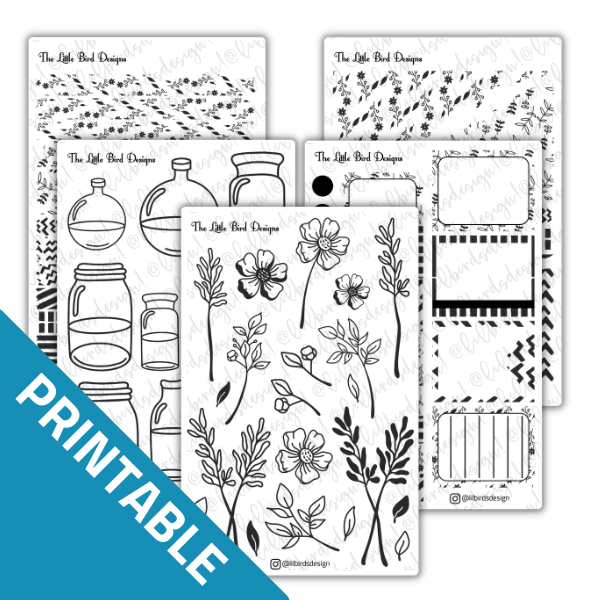 PRINTABLE - Black and White Line Art Flowers Sticker Sheets