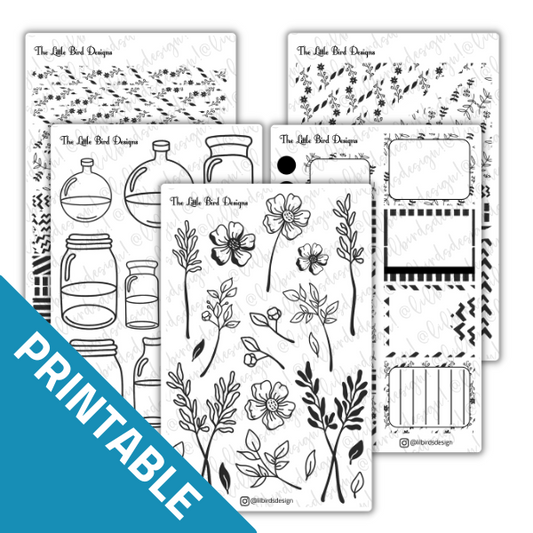 PRINTABLE - Black and White Line Art Flowers Sticker Sheets