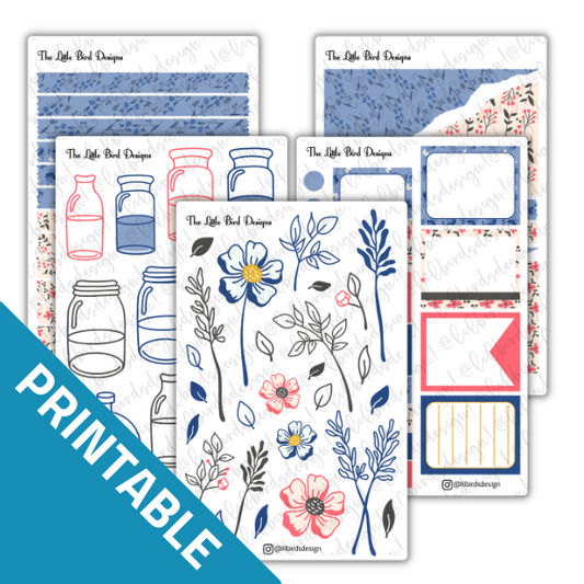 PRINTABLE - Blue and Coral Line Art Flowers Sticker Sheets