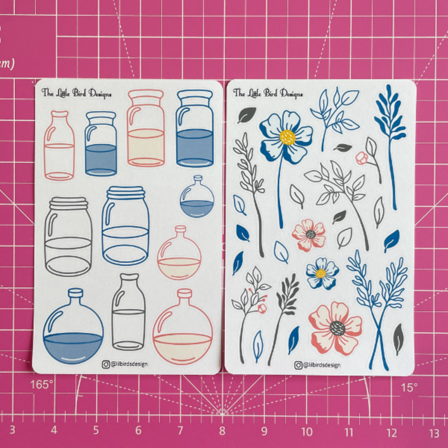 Blue and Coral Line Art Flowers Sticker Sheets