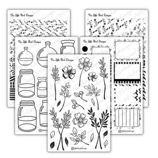 Black and White Line Art Flowers Sticker Sheets
