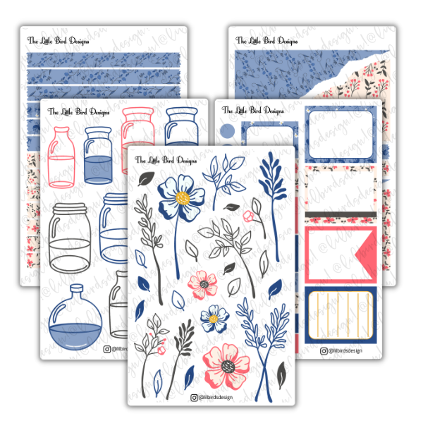 Blue and Coral Line Art Flowers Sticker Sheets