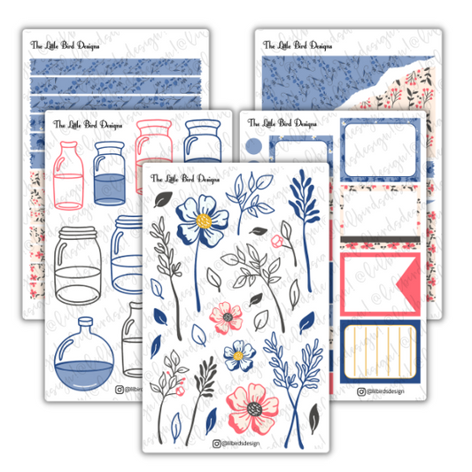 Blue and Coral Line Art Flowers Sticker Sheets