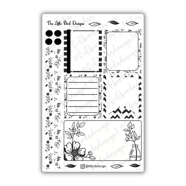 Black and White Floral Line Art – Passion Planner Daily – Sticker Bundle