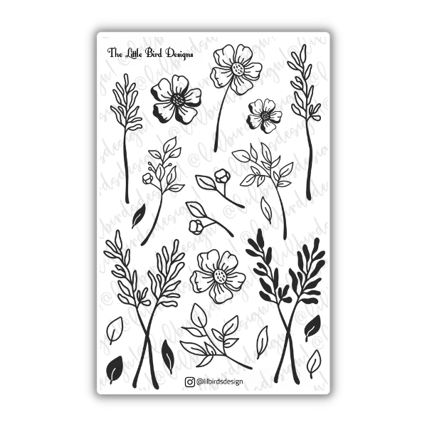 Black and White Floral Line Art – Passion Planner Daily – Sticker Bundle