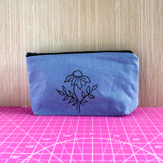 Stamped Linen Makeup Pouch - Large Flax Flower