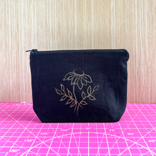Stamped Linen Makeup Pouch - Small Black