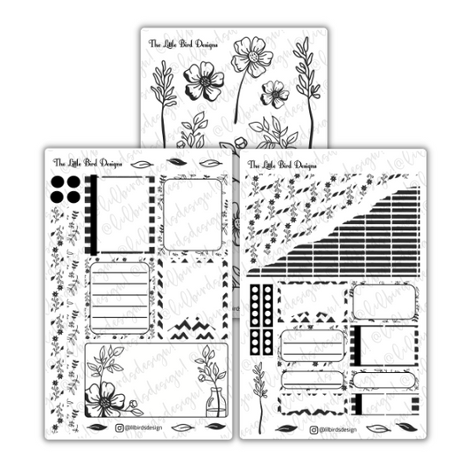 Black and White Floral Line Art – Passion Planner Daily – Sticker Bundle