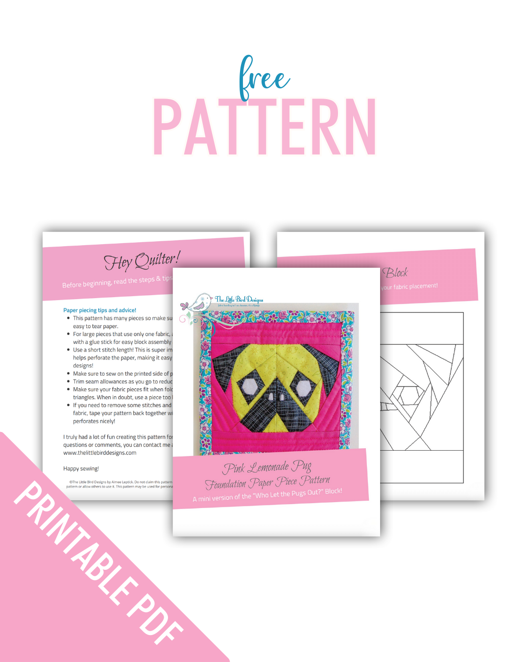 Printable - Pink Lemonade Pug Foundation Paper Pieced PDF Pattern - Freebie