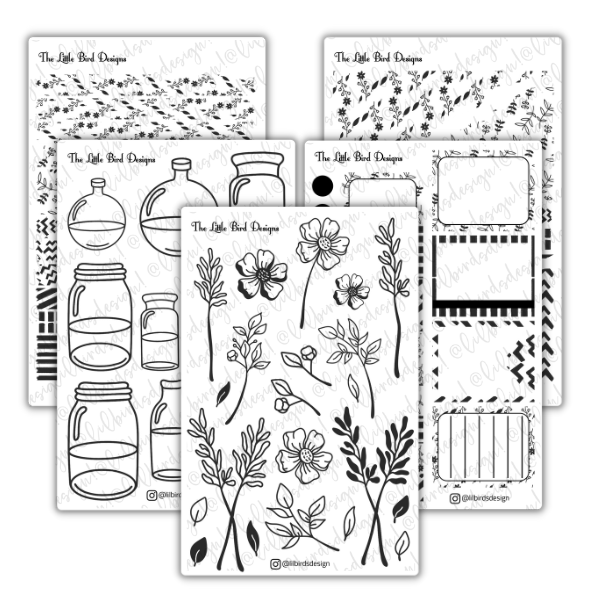 Black and White Line Art Flowers Sticker Sheets